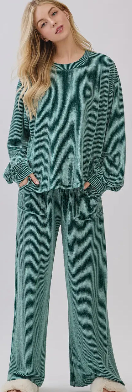 Ribbed Knit Top & Pants Teal Green
