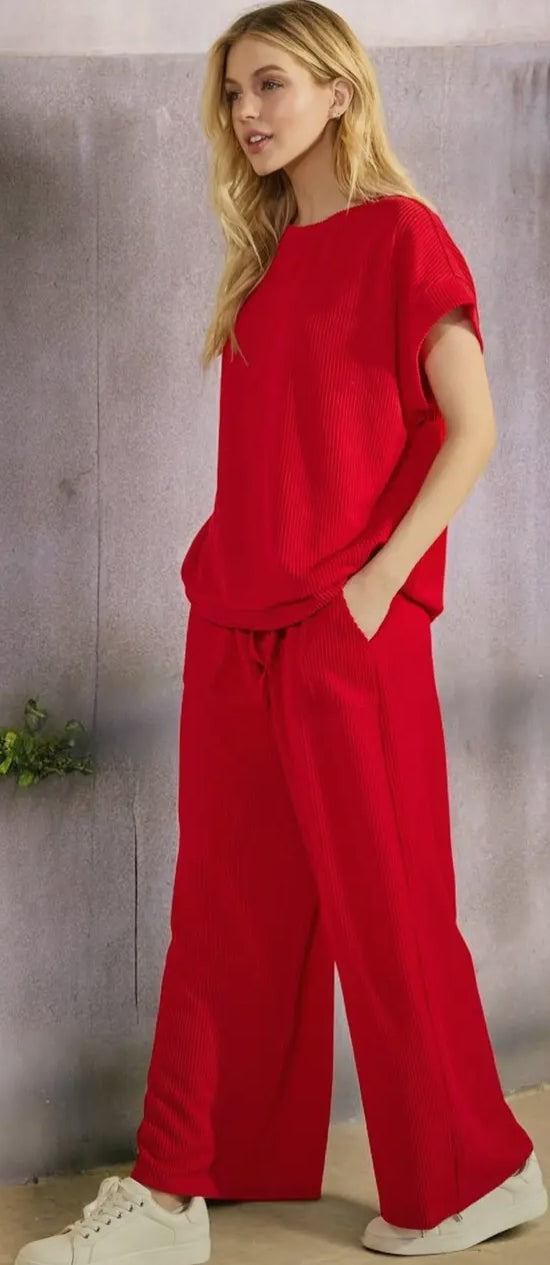 Striped Rib Knit Set Red